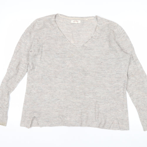 Fat Face Women Beige V-Neck Long Sleeve Wool Blend Jumper UK 14