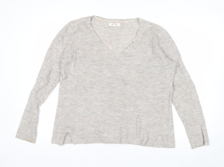 Fat Face Women Beige V-Neck Long Sleeve Wool Blend Jumper UK 14