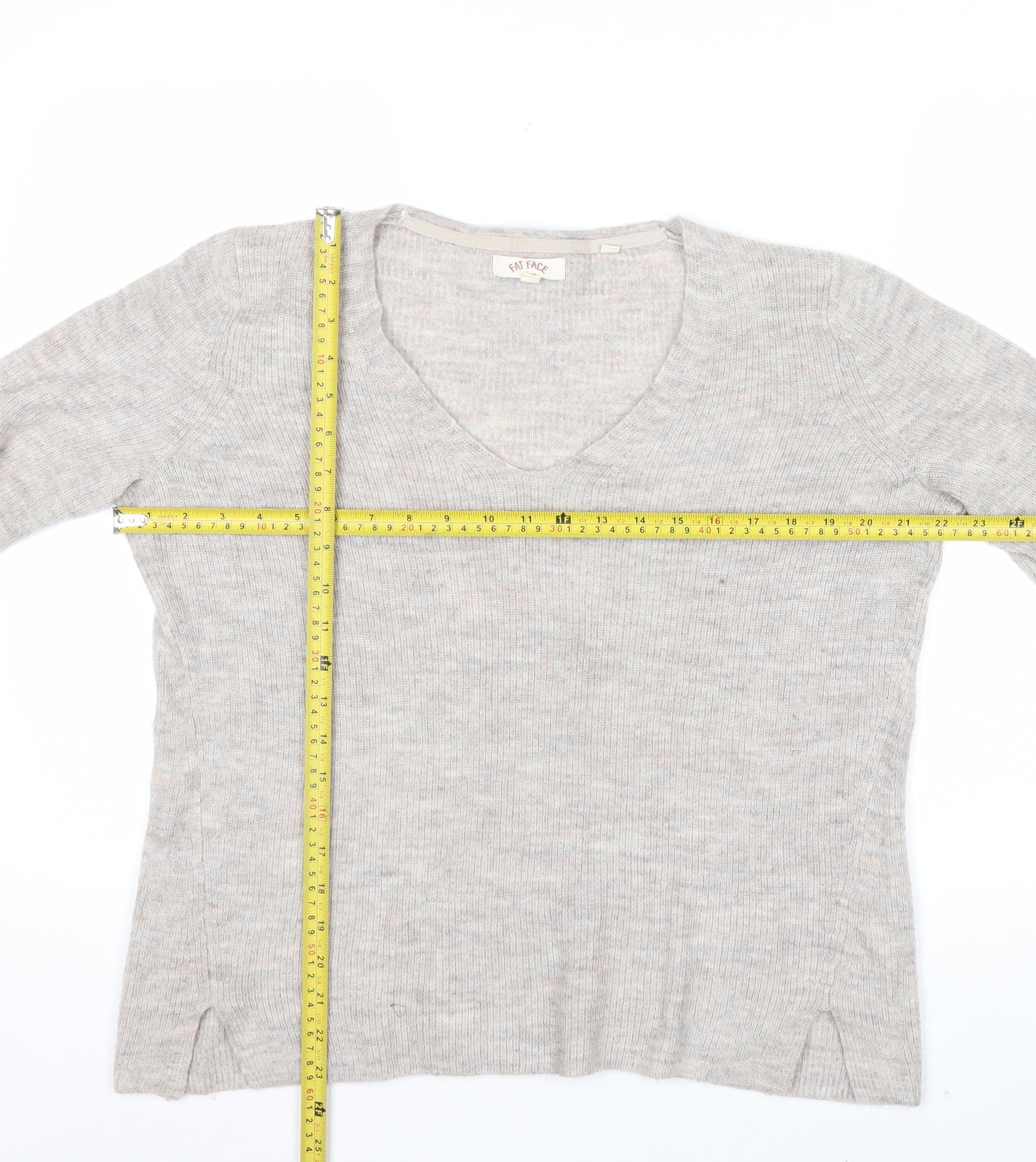 Fat Face Women Beige V-Neck Long Sleeve Wool Blend Jumper UK 14