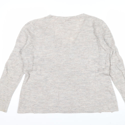 Fat Face Women Beige V-Neck Long Sleeve Wool Blend Jumper UK 14