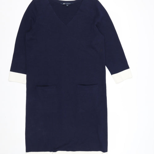 Crew Clothing Women's Blue Knit Shift Dress Size 12 V-Neck 3/4 Sleeve