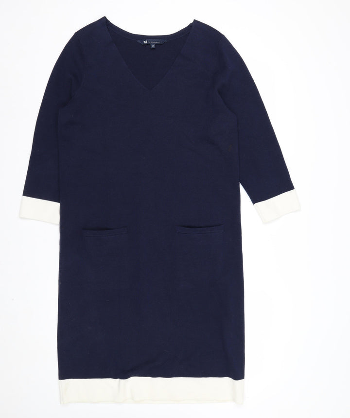 Crew Clothing Women's Blue Knit Shift Dress Size 12 V-Neck 3/4 Sleeve