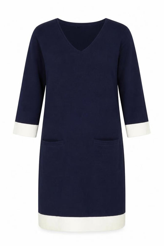Front view of Crew Clothing Blue Knit Shift Dress, size 12, V-Neck 3/4 Sleeve