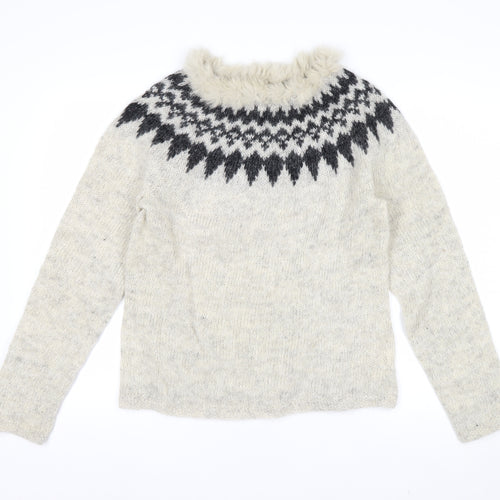 Icelandica Women's Ivory Wool Fur Trim Nordic Knit Jumper L