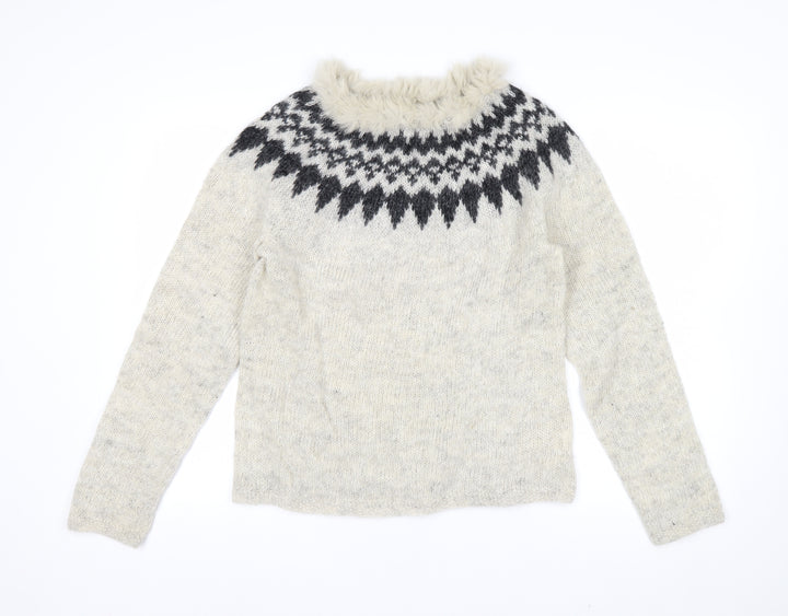Icelandica Women's Ivory Wool Fur Trim Nordic Knit Jumper L