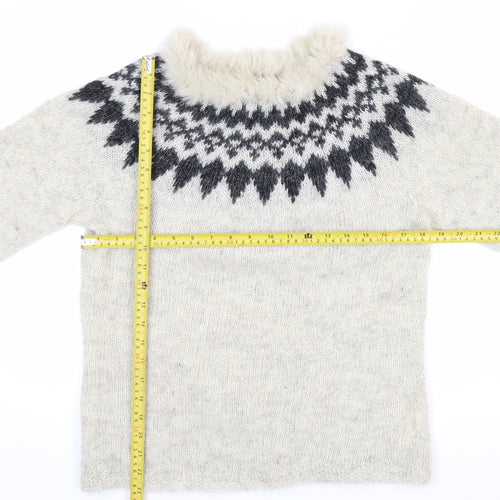 Icelandica Women's Ivory Wool Fur Trim Nordic Knit Jumper L