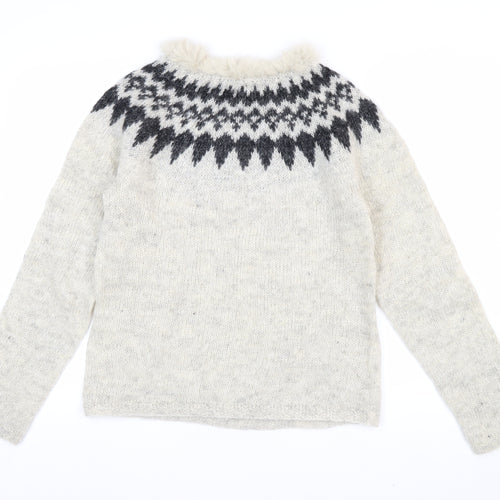 Icelandica Women's Ivory Wool Fur Trim Nordic Knit Jumper L