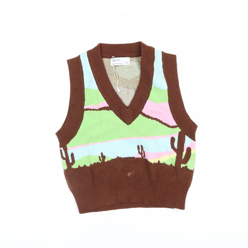 Bershka Women's Multicoloured Cropped Knit Vest Top M
