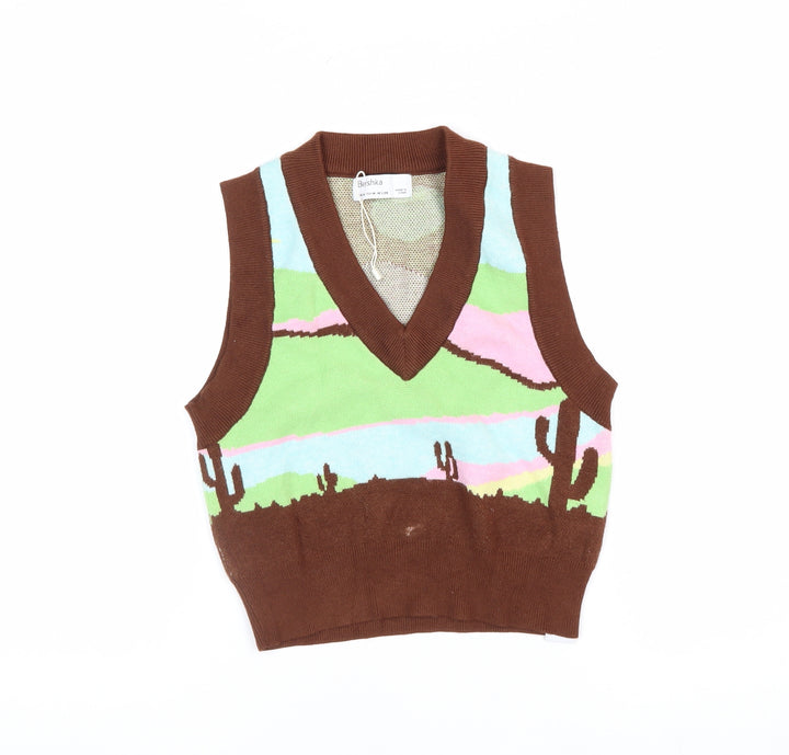 Bershka Women's Multicoloured Cropped Knit Vest Top M