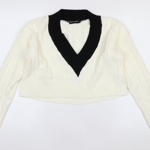 PrettyLittleThing Womens Ivory V-Neck Cable Knit Jumper Size M