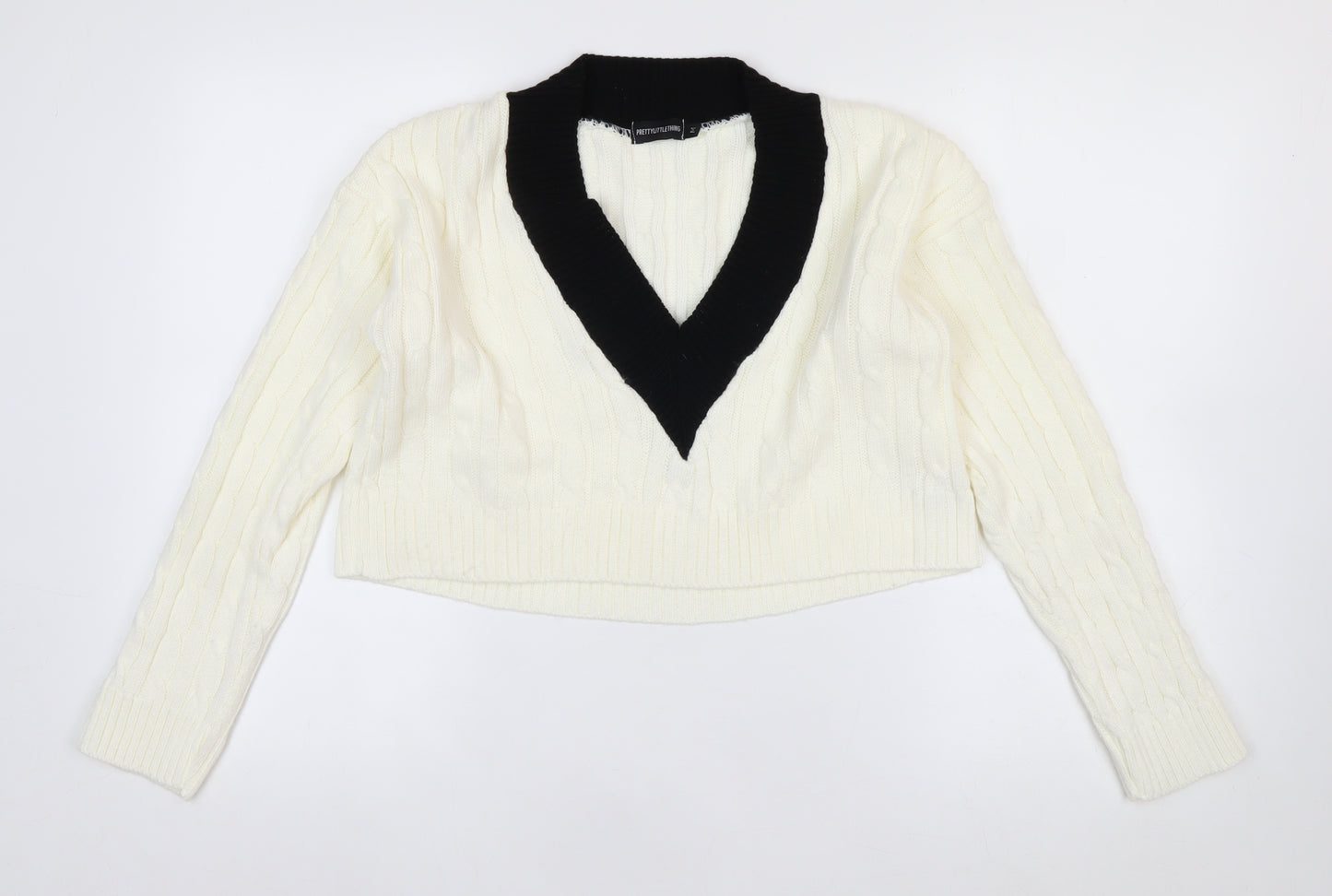 PrettyLittleThing Womens Ivory V-Neck Cable Knit Jumper Size M