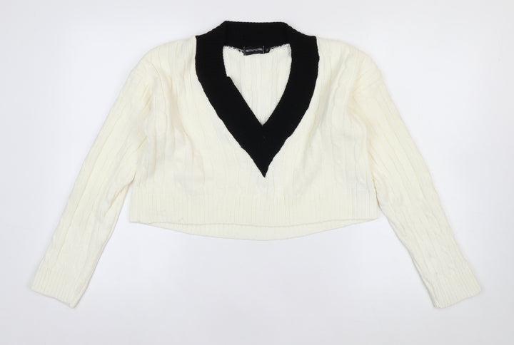 PrettyLittleThing Womens Ivory V-Neck Cable Knit Jumper Size M