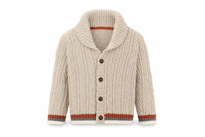 Front view of E of M boys’ beige cable-knit cotton cardigan 3-4 years