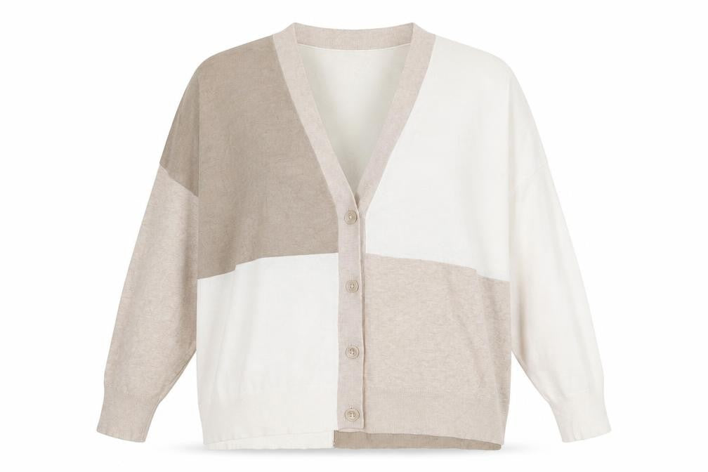 Front view of Monki Women Beige Colourblock V-Neck Button Cardigan L