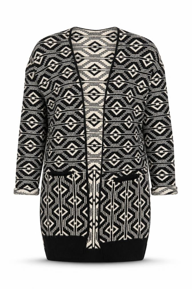 Front view of Next women’s black white aztec long sleeve cardigan xs