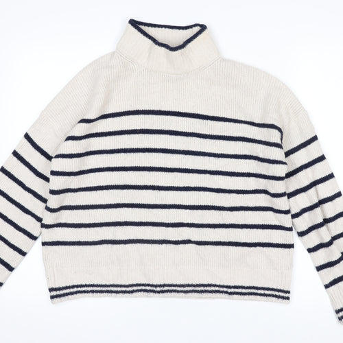 The White Company Women’s Ivory Striped Roll Neck Jumper Size 10