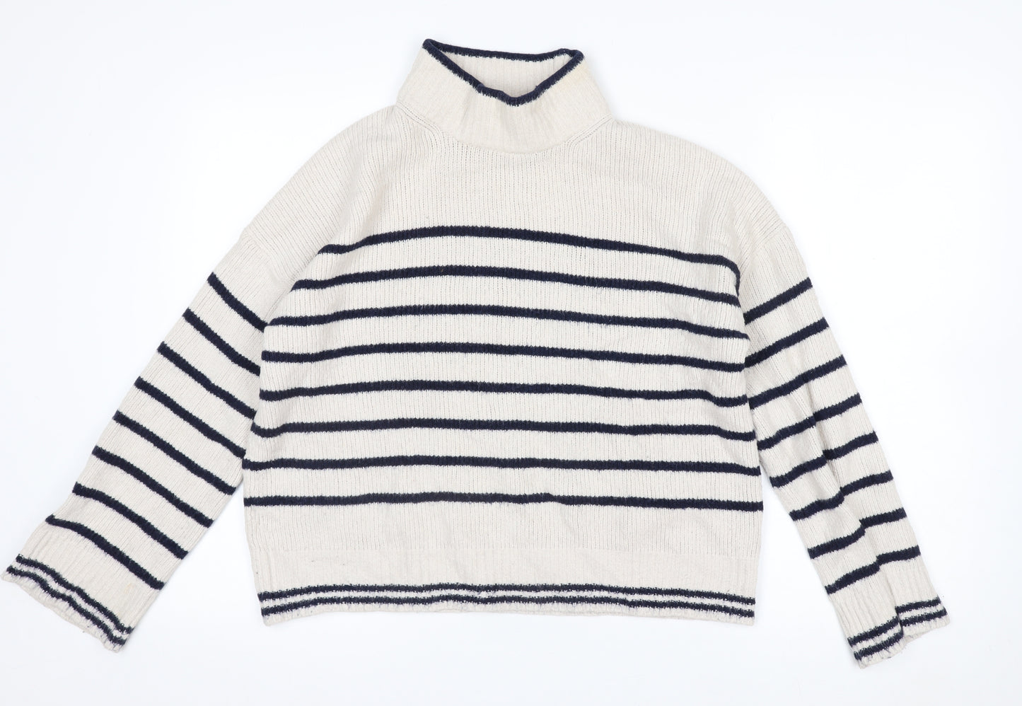 The White Company Women’s Ivory Striped Roll Neck Jumper Size 10