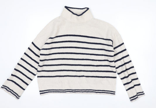 The White Company Women’s Ivory Striped Roll Neck Jumper Size 10