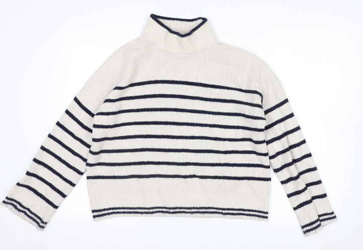 The White Company Women’s Ivory Striped Roll Neck Jumper Size 10