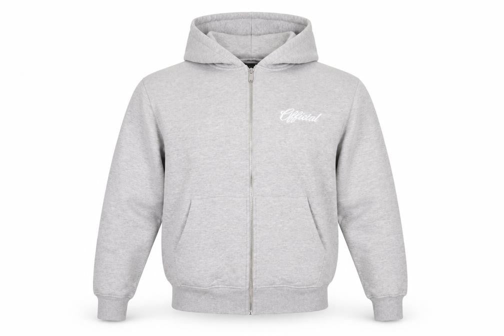 Front view of boohooMAN Men's Grey Full Zip Hoodie, size S, Regular Fit