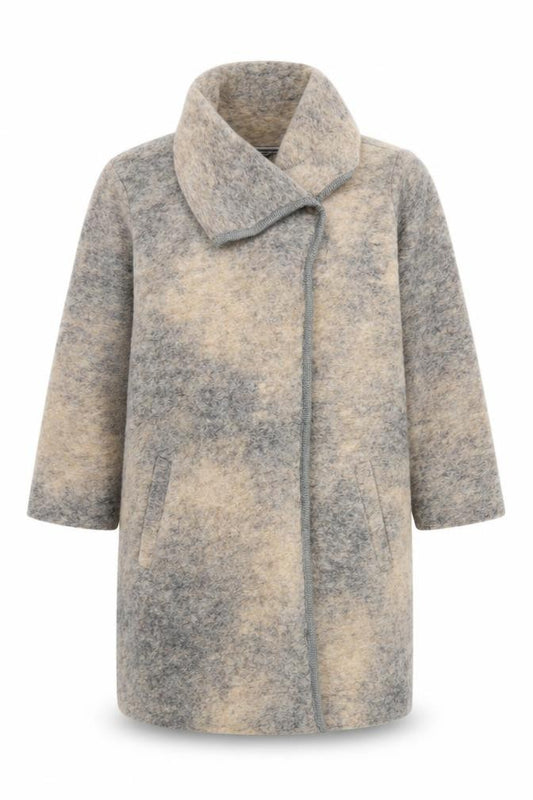 Front view of Paul Costelloe Women’s Beige Wool Blend Collared Cardigan, size UK 14