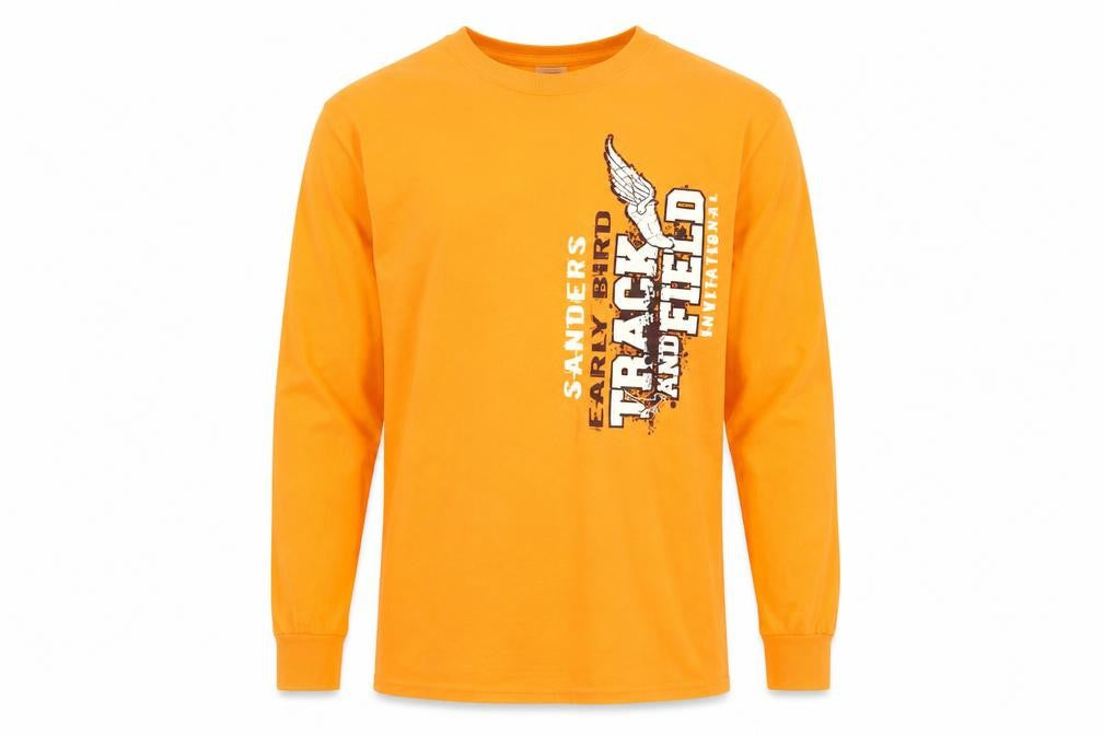 Front view of Jerzees Men's Orange Long Sleeve Sports Graphic Top, size S