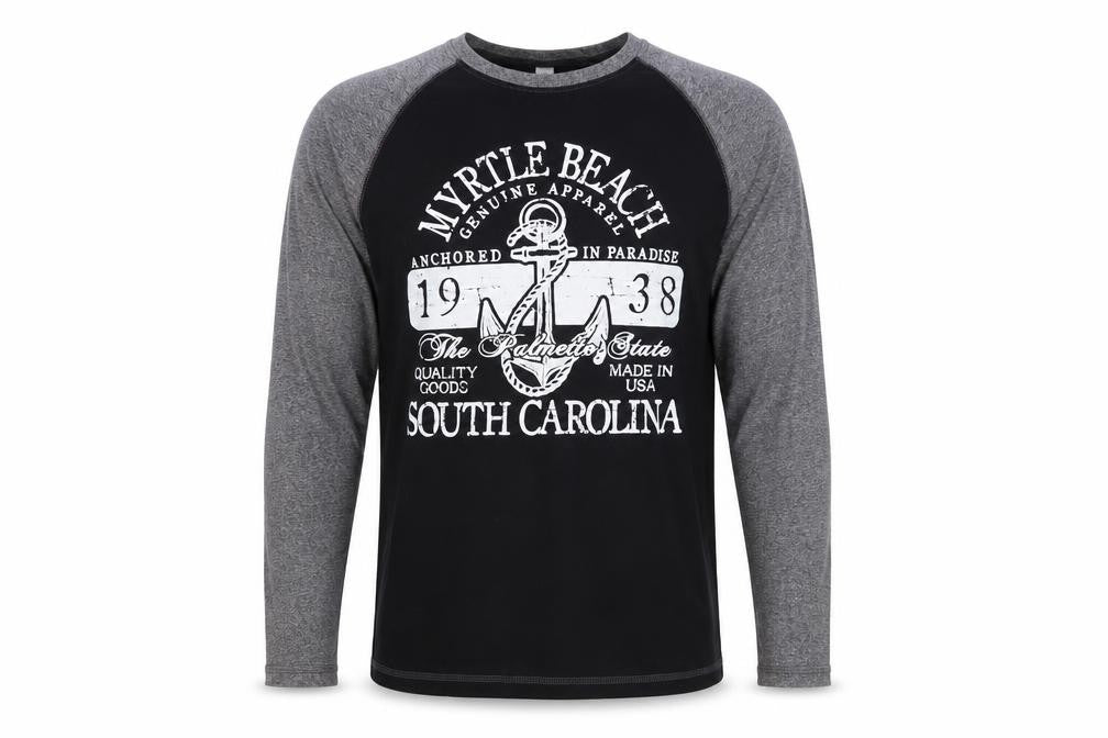 Front view of LIS Apparel Men's Black Grey Long Sleeve Nautical Graphic Top, size S