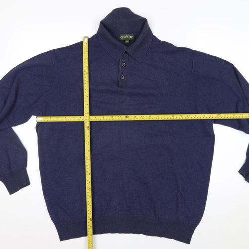 Orvis Men's Blue Cotton Silk Cashmere Long Sleeve Polo - Size L