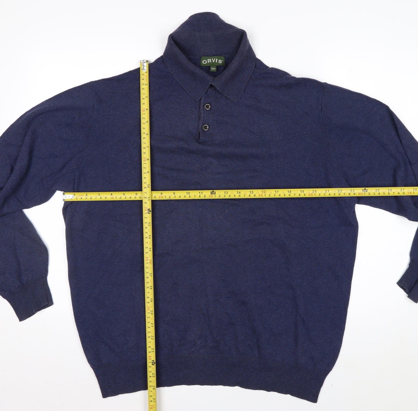 Orvis Men's Blue Cotton Silk Cashmere Long Sleeve Polo - Size L