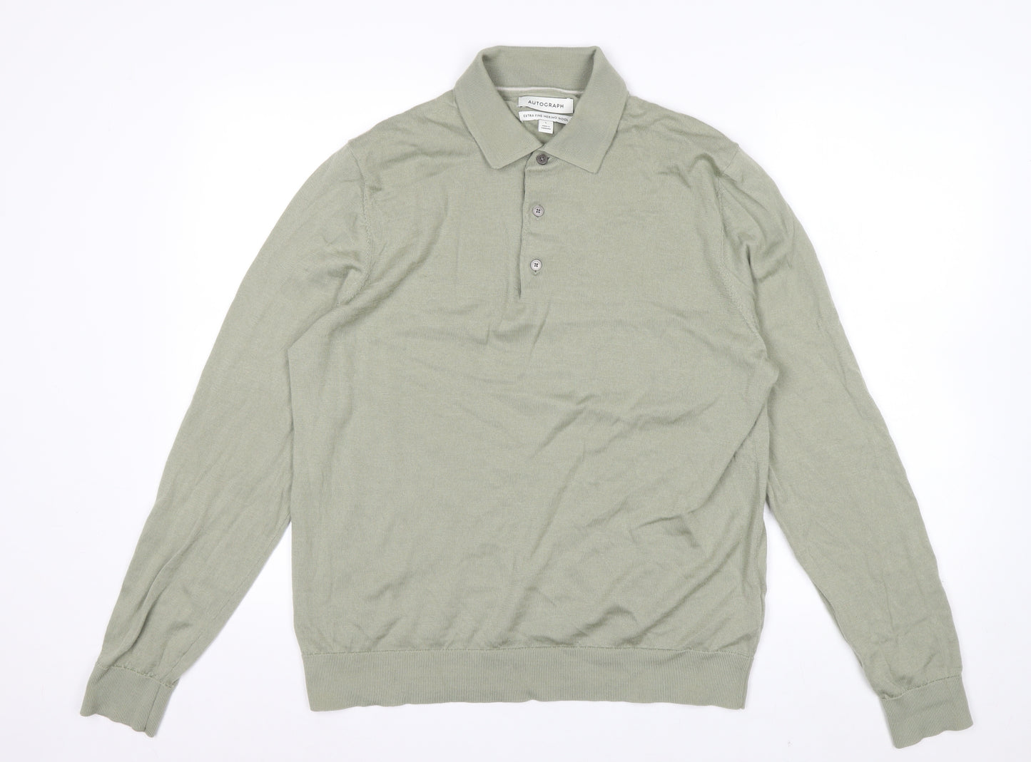 Marks and Spencer Men’s Green Merino Wool Collared Henley Jumper L