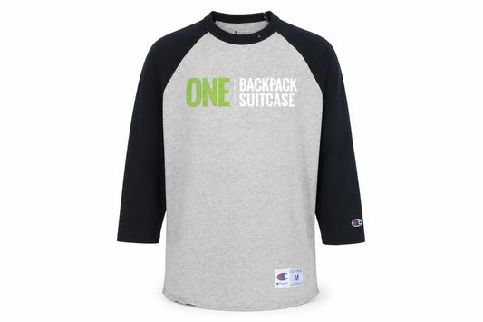 Front view of Champion Men's Grey 3/4 Sleeve Raglan Graphic Top, size M