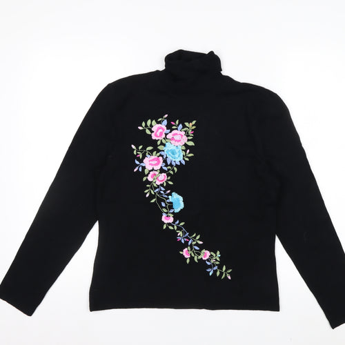 Nygard Collection Women Black Floral Embroidered Roll Neck Jumper M Petites