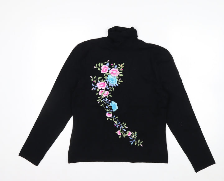 Nygard Collection Women Black Floral Embroidered Roll Neck Jumper M Petites