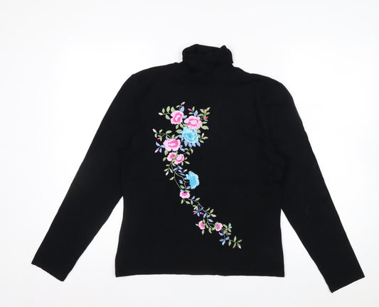 Nygard Collection Women Black Floral Embroidered Roll Neck Jumper M Petites
