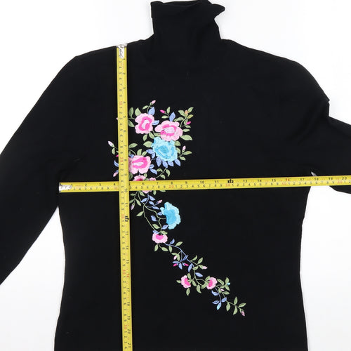Nygard Collection Women Black Floral Embroidered Roll Neck Jumper M Petites