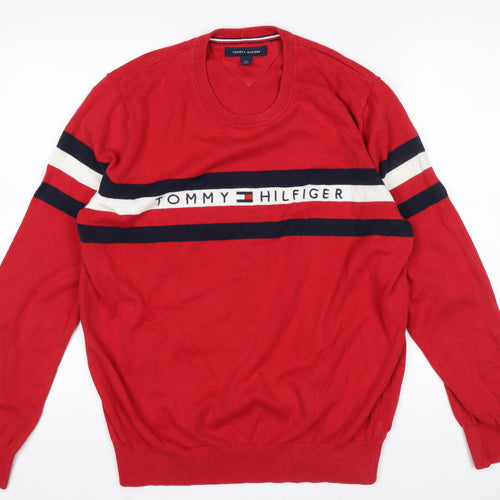 Tommy Hilfiger Men's Red Cotton Crew Neck Striped Pullover Jumper L