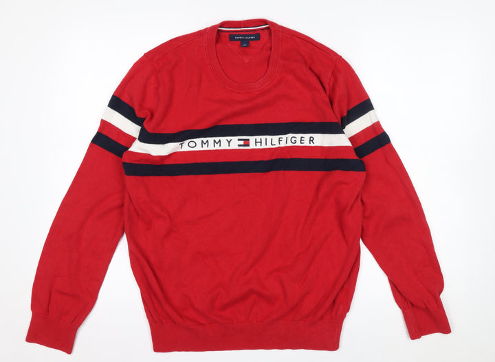 Tommy Hilfiger Men's Red Cotton Crew Neck Striped Pullover Jumper L