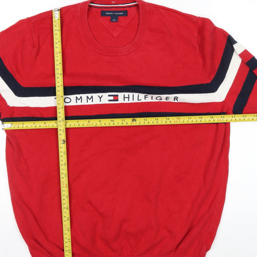 Tommy Hilfiger Men's Red Cotton Crew Neck Striped Pullover Jumper L
