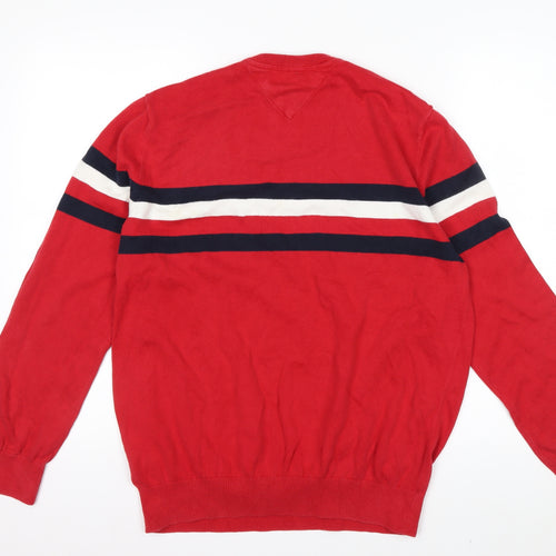 Tommy Hilfiger Men's Red Cotton Crew Neck Striped Pullover Jumper L