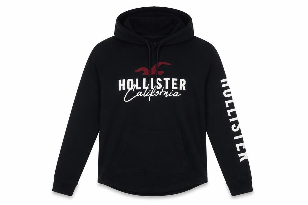 Front view of Hollister Men's Black Pullover Hoodie Small Cotton Graphic Logo