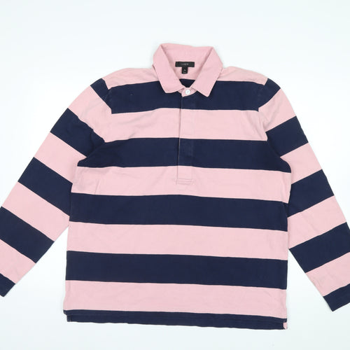 J.Crew Men's Pink and Navy Stripe Long Sleeve Polo XL Cotton