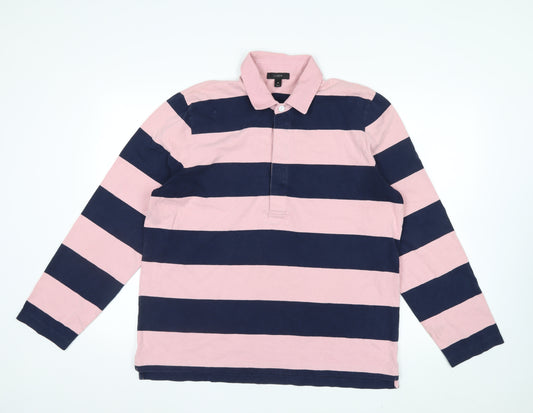 J.Crew Men's Pink and Navy Stripe Long Sleeve Polo XL Cotton