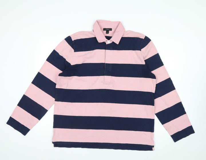 J.Crew Men's Pink and Navy Stripe Long Sleeve Polo XL Cotton