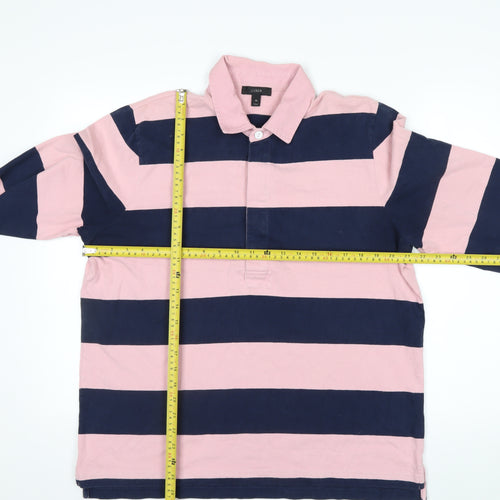 J.Crew Men's Pink and Navy Stripe Long Sleeve Polo XL Cotton