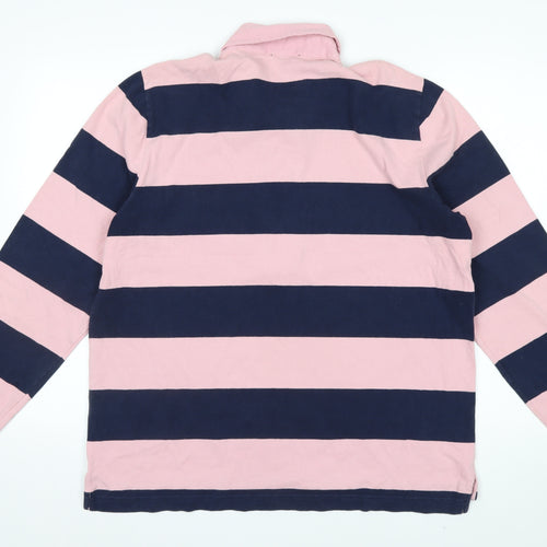 J.Crew Men's Pink and Navy Stripe Long Sleeve Polo XL Cotton