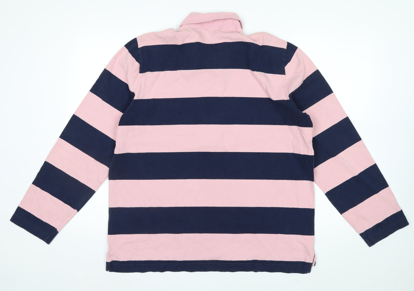 J.Crew Men's Pink and Navy Stripe Long Sleeve Polo XL Cotton