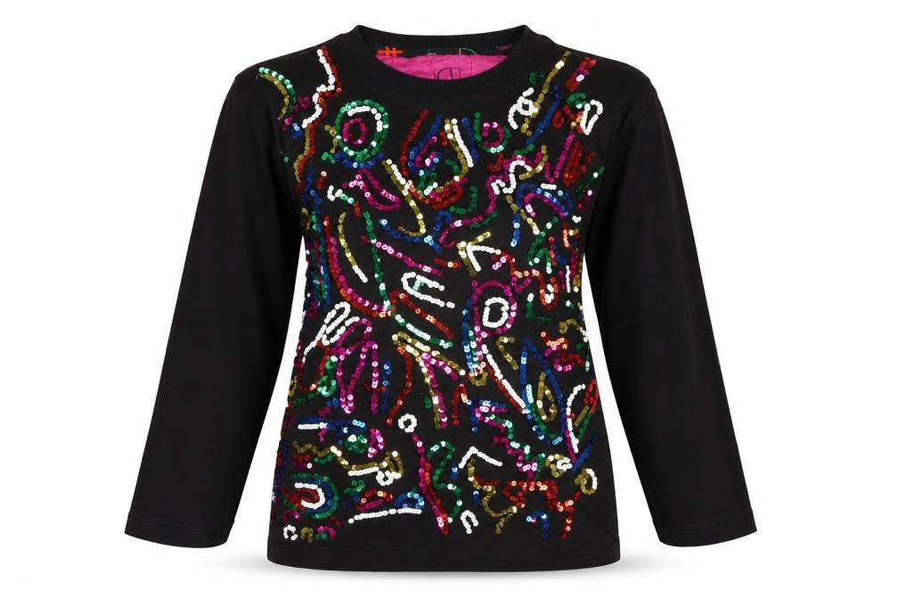 Carole Little Sport Women’s Black Sequin Long Sleeve Cotton T-Shirt M