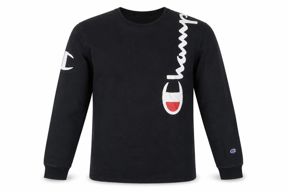 Front view of Champion Men's Black Small Long Sleeve Graphic Cotton Top