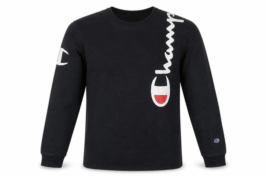 Front view of Champion Men's Black Small Long Sleeve Graphic Cotton Top