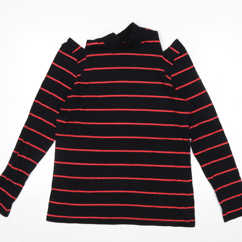 Next Womens Black Red Striped Roll Neck Cold Shoulder Top Size 14